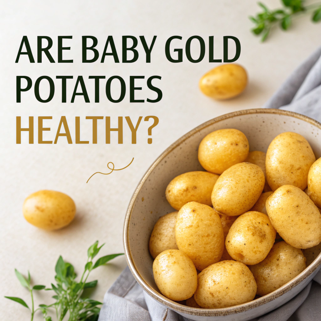 A bowl of clean baby gold potatoes on a light surface, accompanied by greenery and a cloth napkin