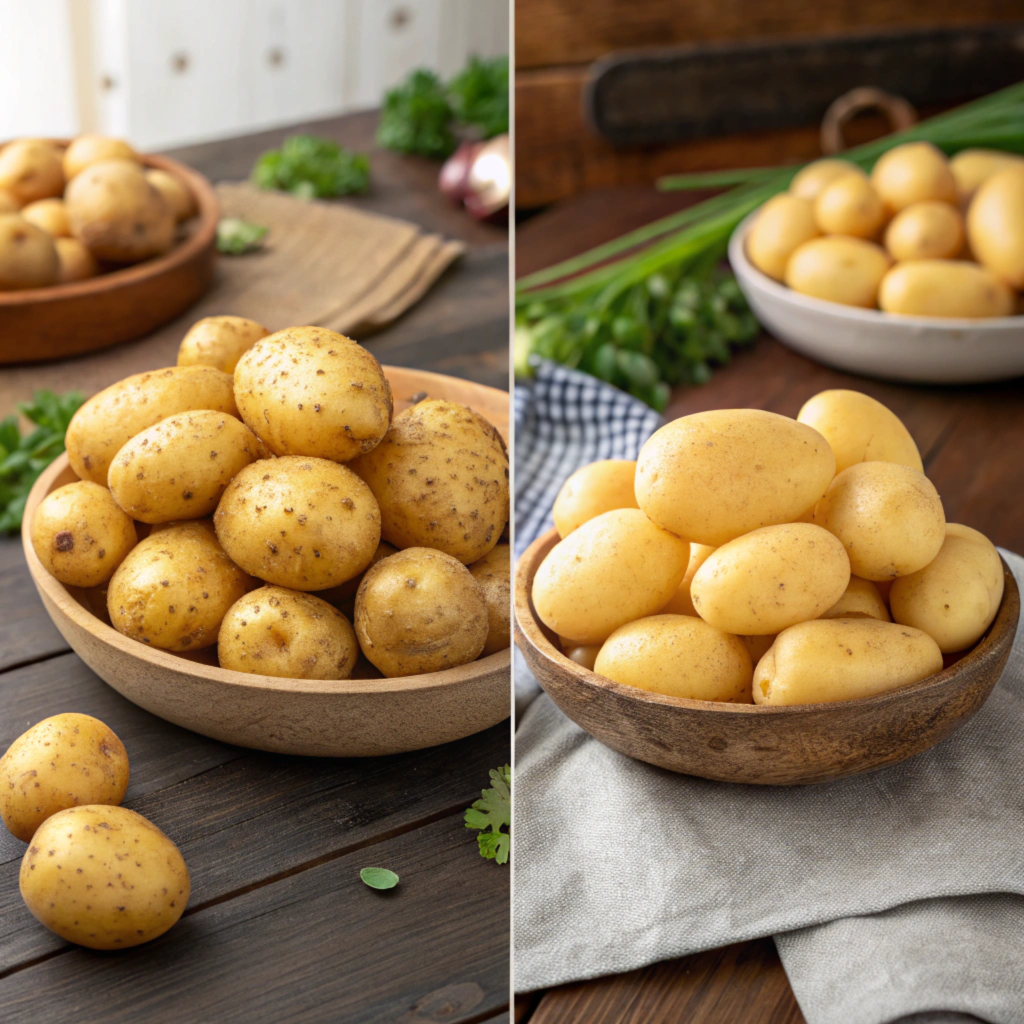 A side-by-side comparison of baby gold potatoes in two settings. On the left, slightly rustic potatoes with skins in a wooden bowl on a wooden table, surrounded by herbs. On the right, smooth and clean baby gold potatoes in a polished wooden bowl on a gray cloth with greenery in the background.