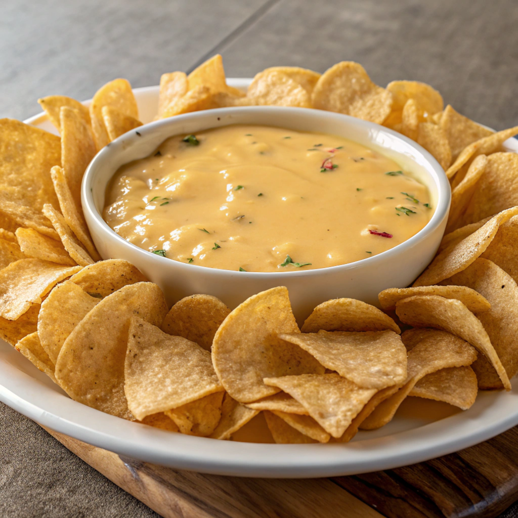 A close-up of a white bowl filled with creamy queso dip, garnished with fresh herbs, surrounded by golden tortilla chips on a white plate