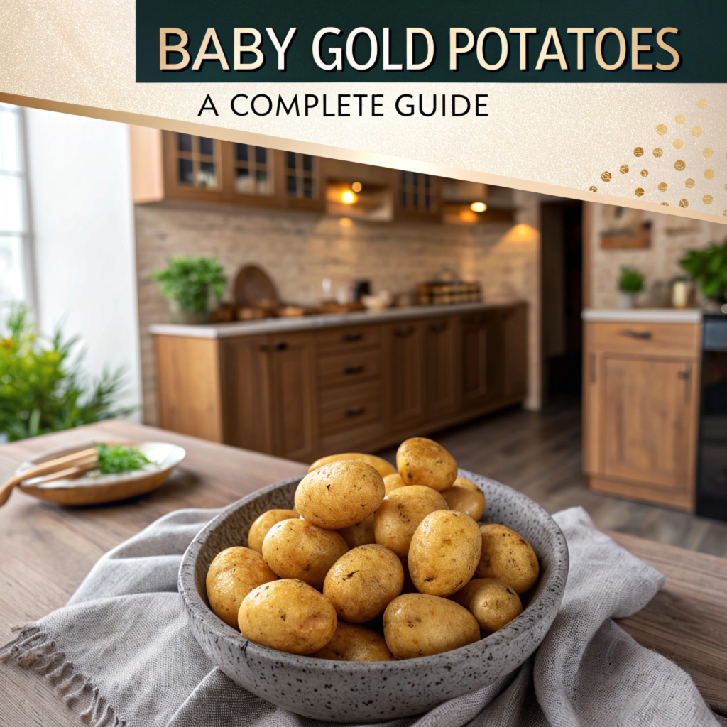 A bowl of fresh baby gold potatoes placed on a wooden table with a light gray cloth, set in a cozy kitchen featuring wooden cabinets and warm lighting.