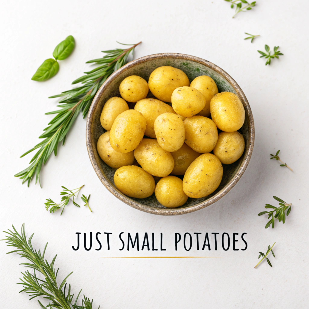 A bowl of fresh baby gold potatoes on a light background, surrounded by sprigs of rosemary, thyme, and basil