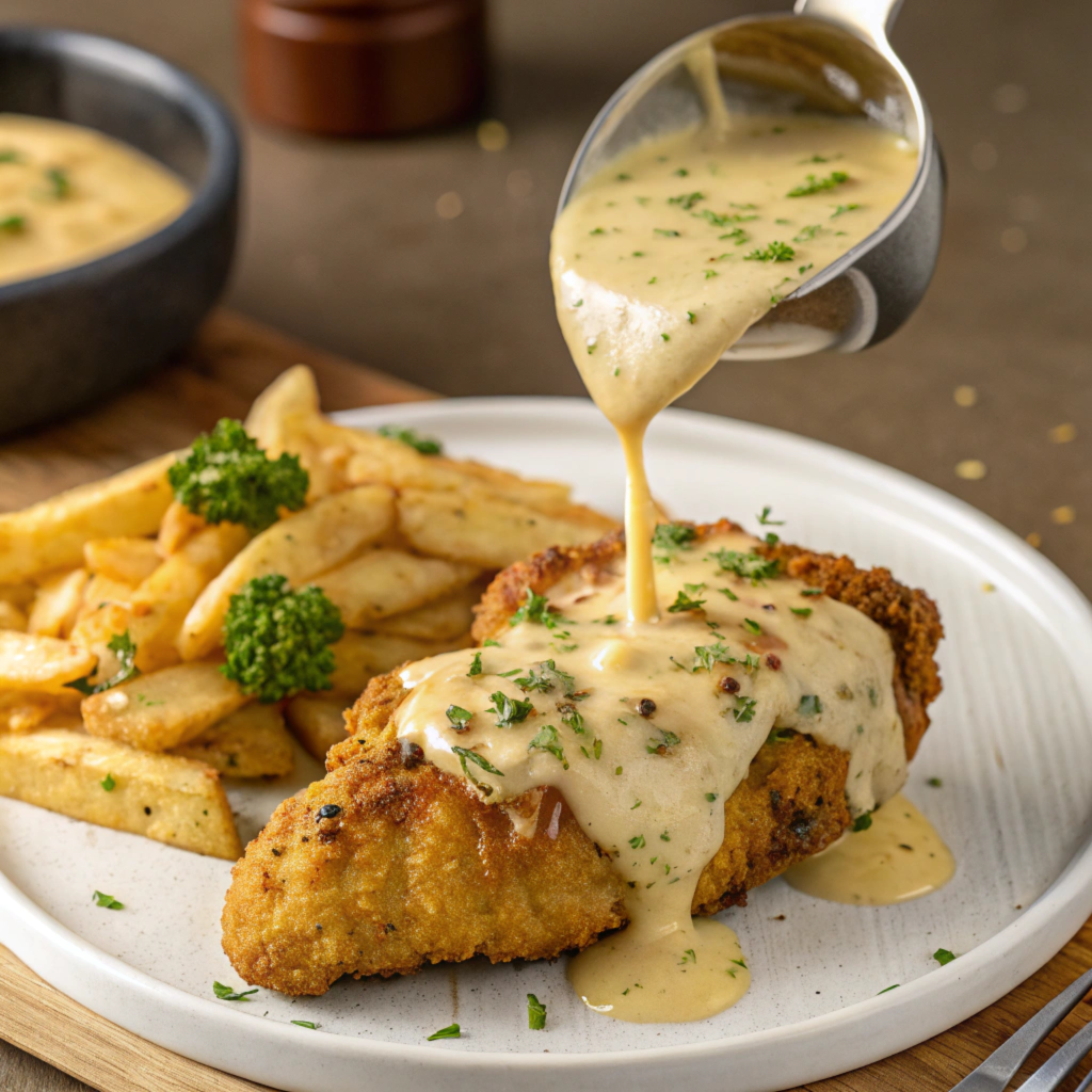 A breaded and crispy chicken breast on a plate being drizzled with creamy herb sauce, garnished with shredded cheese and parsley.