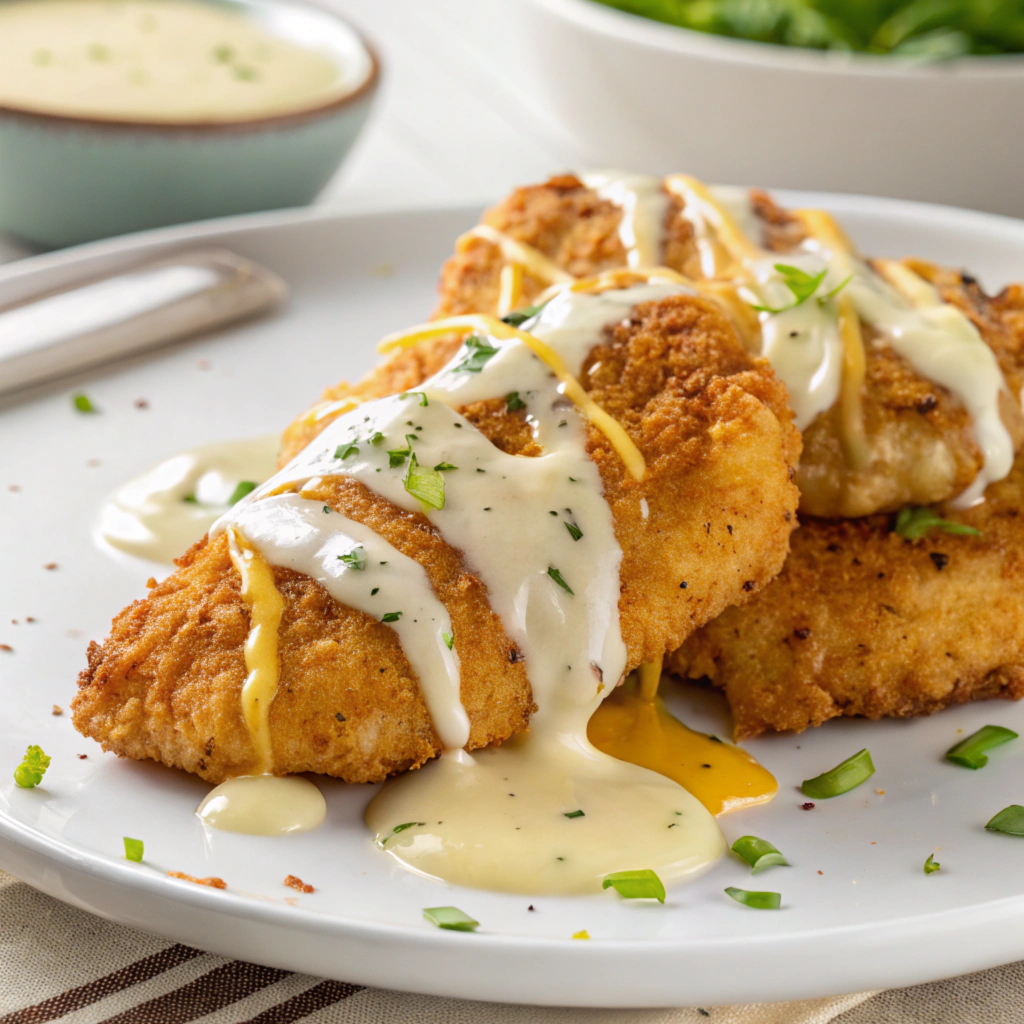 A close-up of breaded and fried chicken fillets drizzled with creamy cheese and herb sauce, garnished with fresh parsley and green onions, served on a white plate.