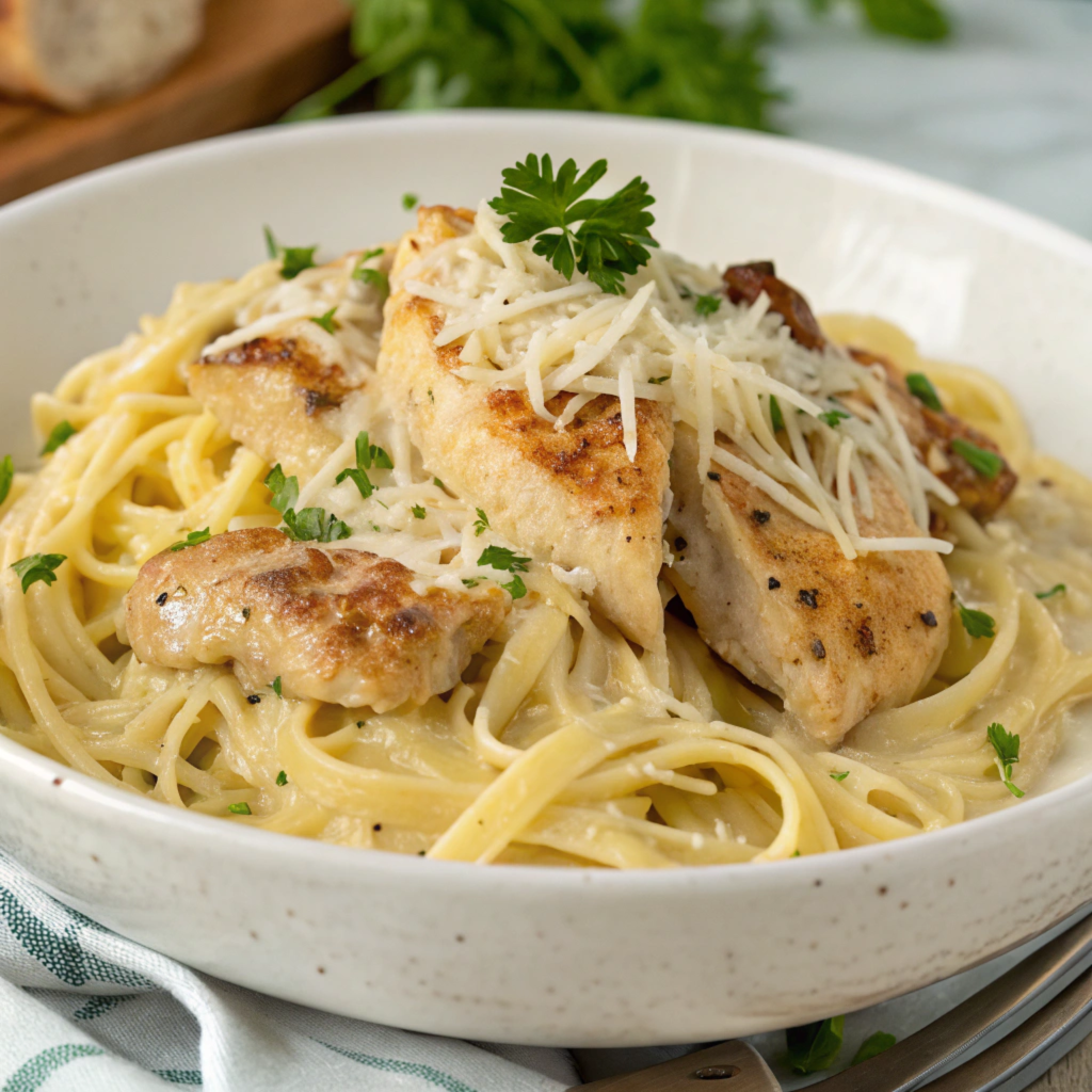 A bowl of creamy fettuccine pasta topped with grilled chicken breast slices, garnished with shredded