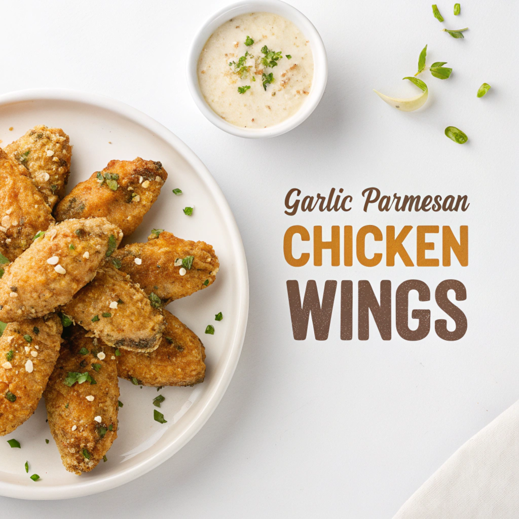 A plate of crispy garlic parmesan chicken wings garnished with parsley, accompanied by a creamy dipping sauce, with text reading "Garlic Parmesan Chicken Wings