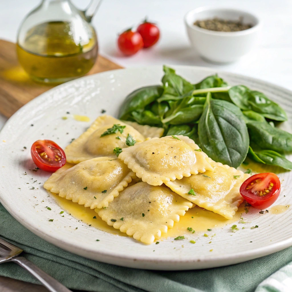 A plate of golden ravioli drizzled with butter sauce, garnished with fresh parsley, and served alongside a handful of baby spinach leaves and halved cherry tomatoes. The dish is presented on a white plate with olive oil, cherry tomatoes, and a small bowl of seasoning in the background.