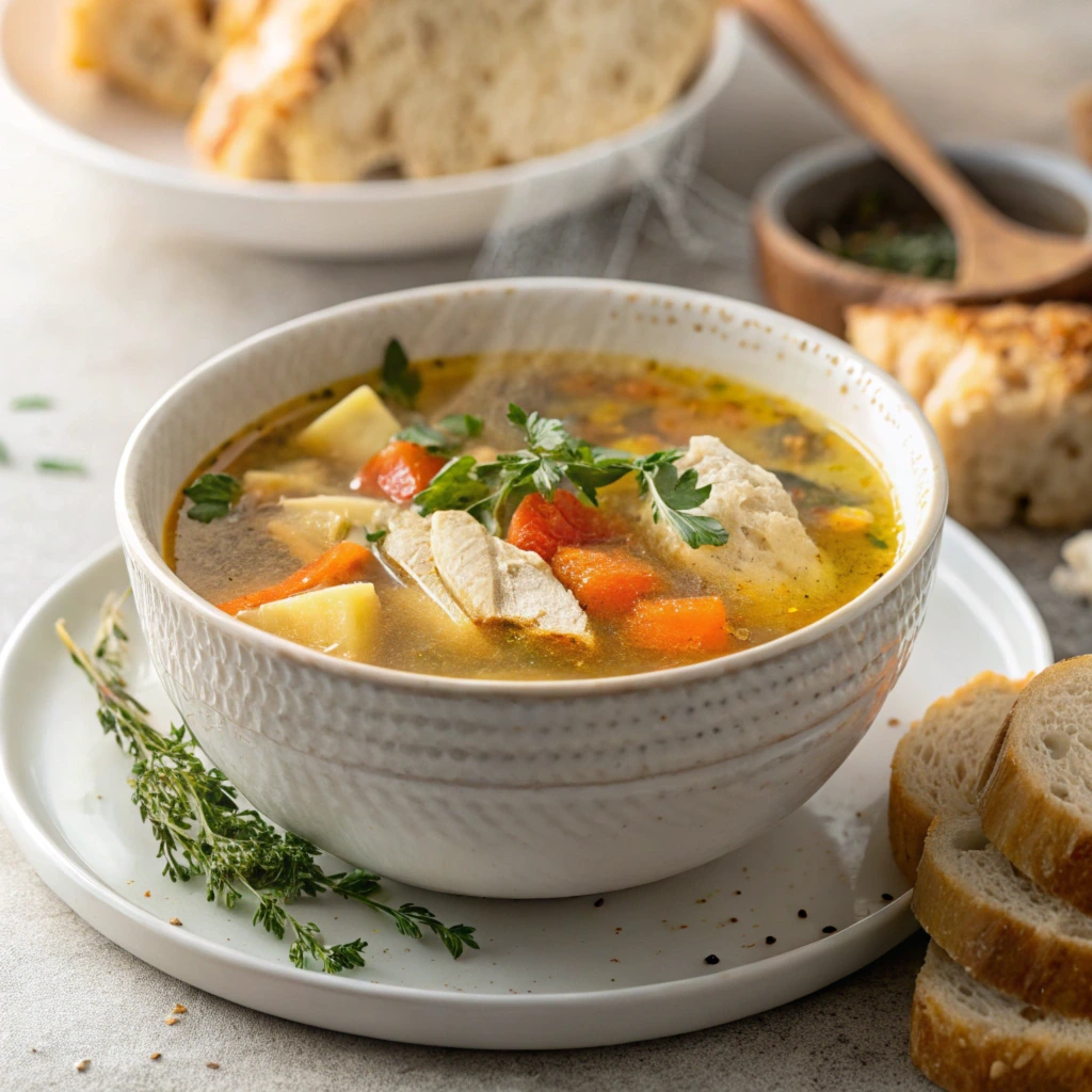 A steaming bowl of chicken soup filled with tender chicken, colorful vegetables, and fresh herbs, served with a slice