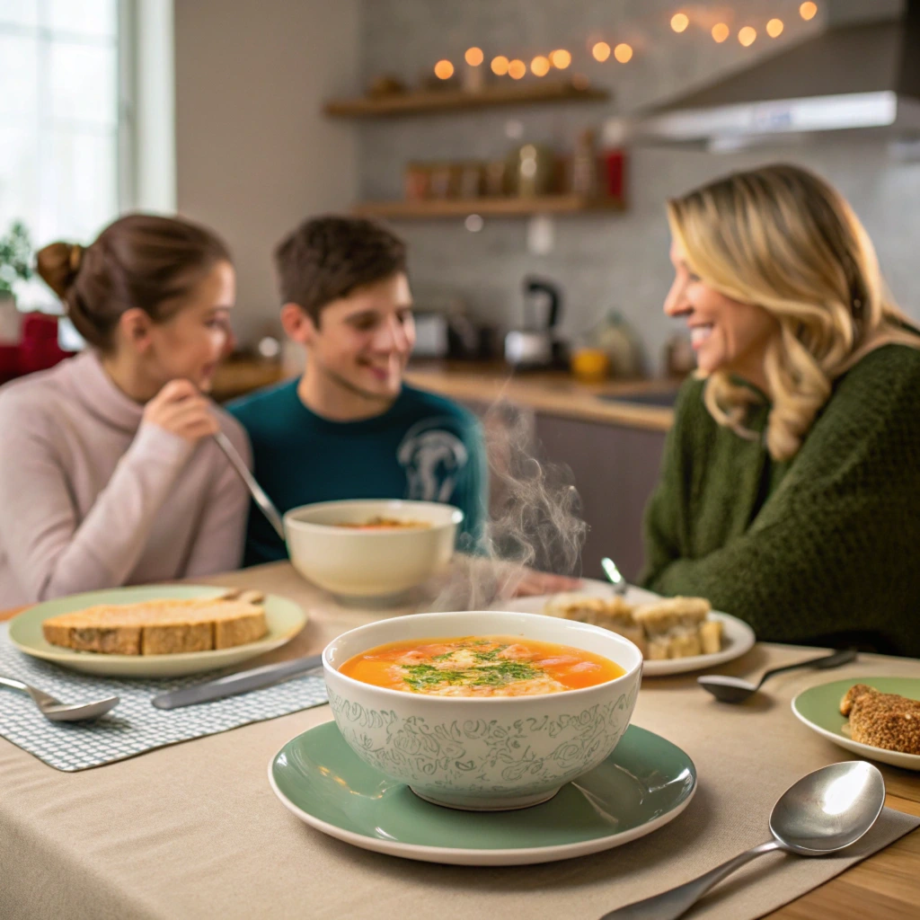 A steaming bowl of homemade chicken soup filled with tender chicken, colorful vegetables, and fresh herbs, surrounded by a cozy kitchen setting.