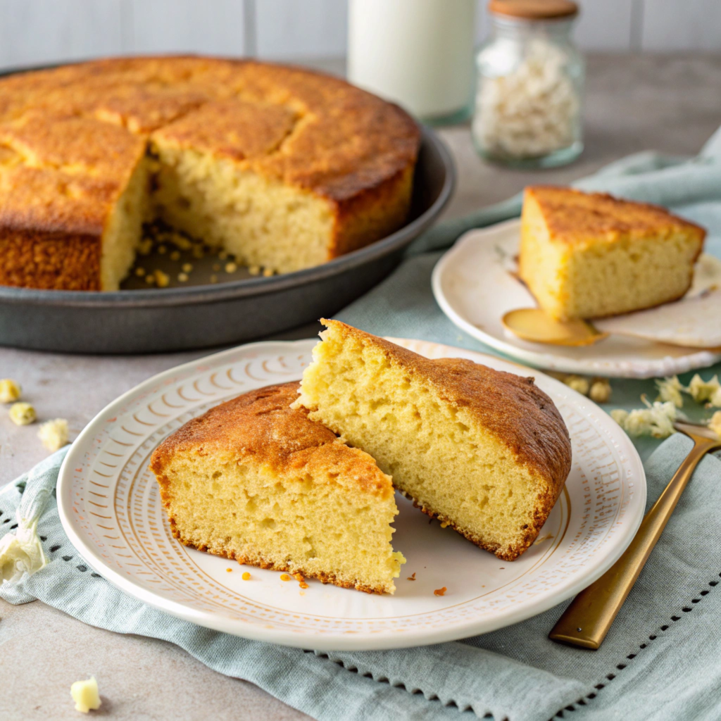 A round, golden-brown cake served on a white plate with two slices in the foreground. A larger cake with a slice removed is in a pan