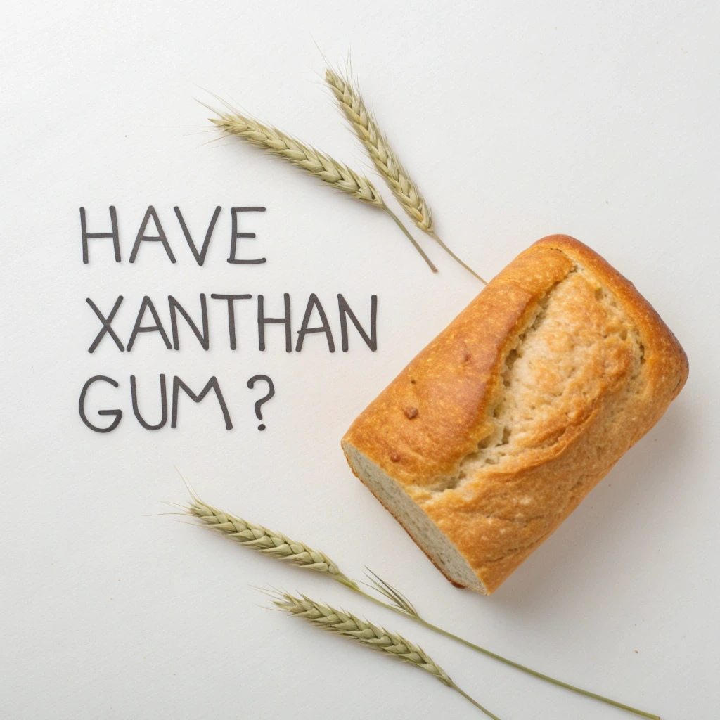 A minimalistic image featuring the question "Have Xanthan Gum?" alongside a small loaf of bread and scattered wheat stalks on a plain white background.