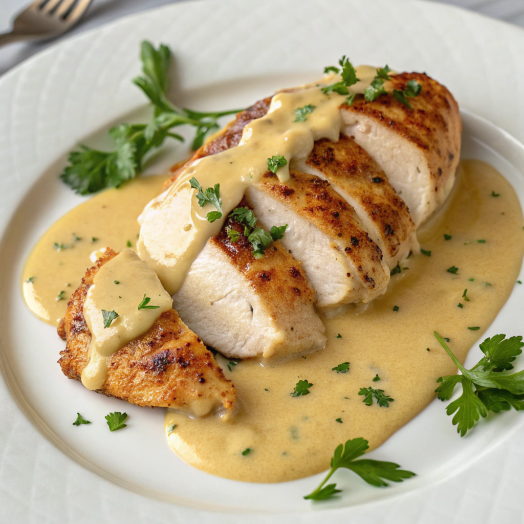 A plate of sliced, pan-seared chicken breast topped with creamy mustard sauce, garnished with fresh parsley sprigs, served on a white plate.