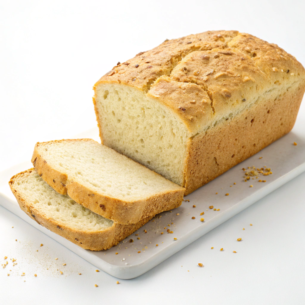 A loaf of freshly baked bread with a golden-brown crust, placed on a white cutting board. Two slices have been cut, revealing the soft and fluffy interior. Breadcrumbs are scattered around the board.