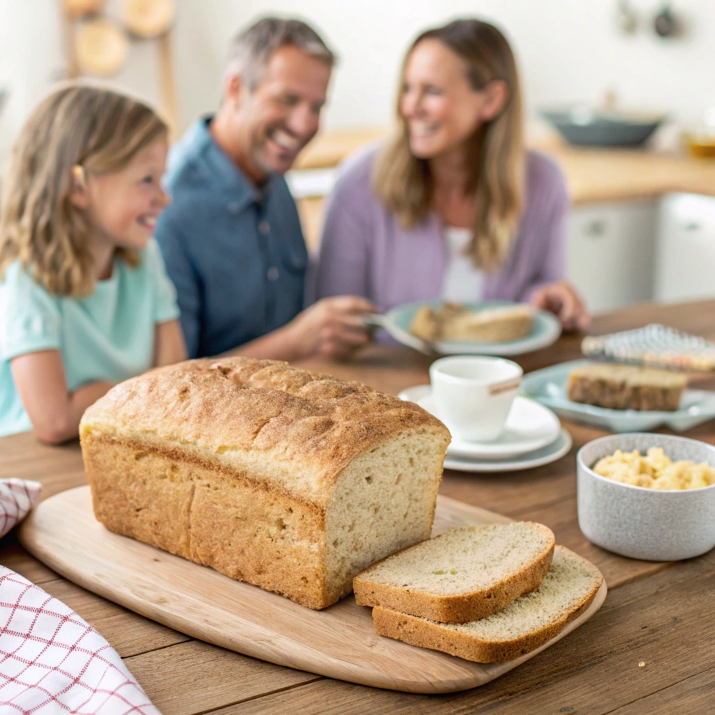 A loaf of gluten-free bread placed on a wooden board, sliced to reveal its soft interior. The bread is free of xanthan gum, showcasing a rustic and homemade texture. A family setting is visible in the background, with hands reaching out to share and enjoy the meal together.