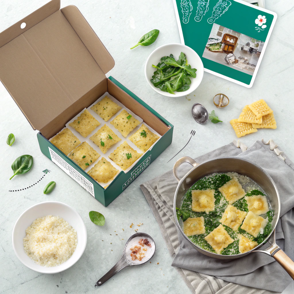 A flat lay image featuring a gourmet ravioli meal. A cardboard box holds uncooked ravioli, garnished with herbs. Next to it