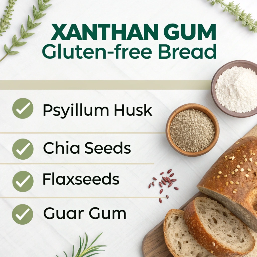 A promotional image for Xanthan Gum Gluten-free Bread featuring a list of ingredients: Psyllium Husk