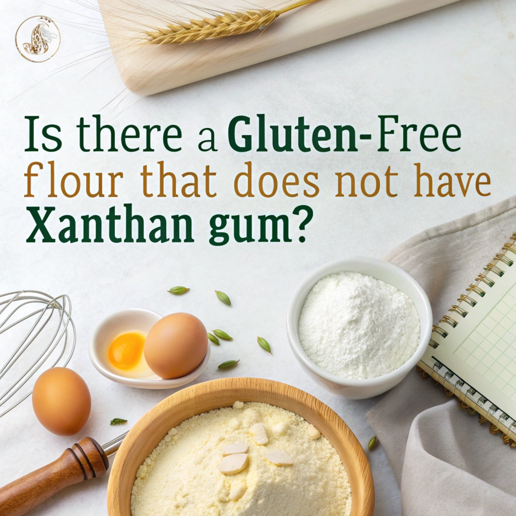 An image posing the question, "Is there a gluten-free flour that does not have xanthan gum?" The scene includes a bowl of flour,