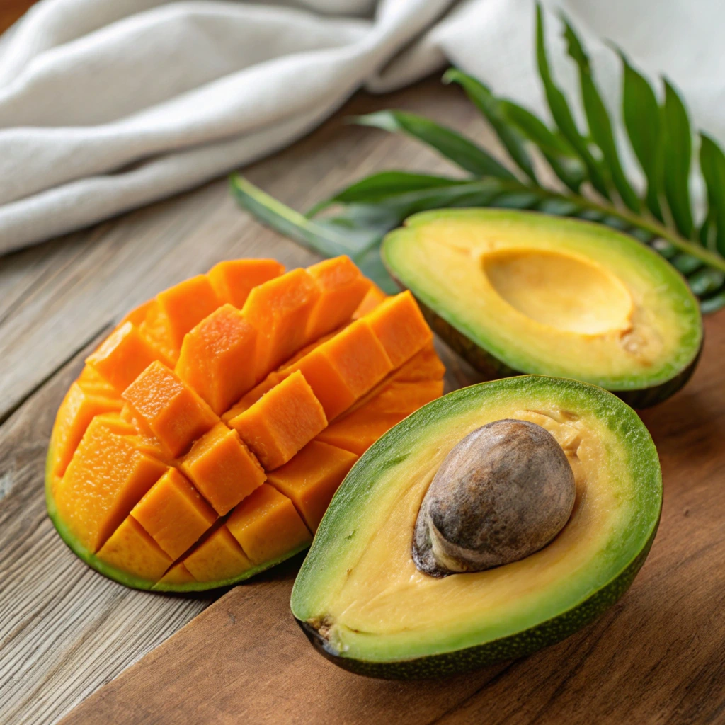 A ripe avocado and a ripe mango placed side by side on a wooden cutting board.