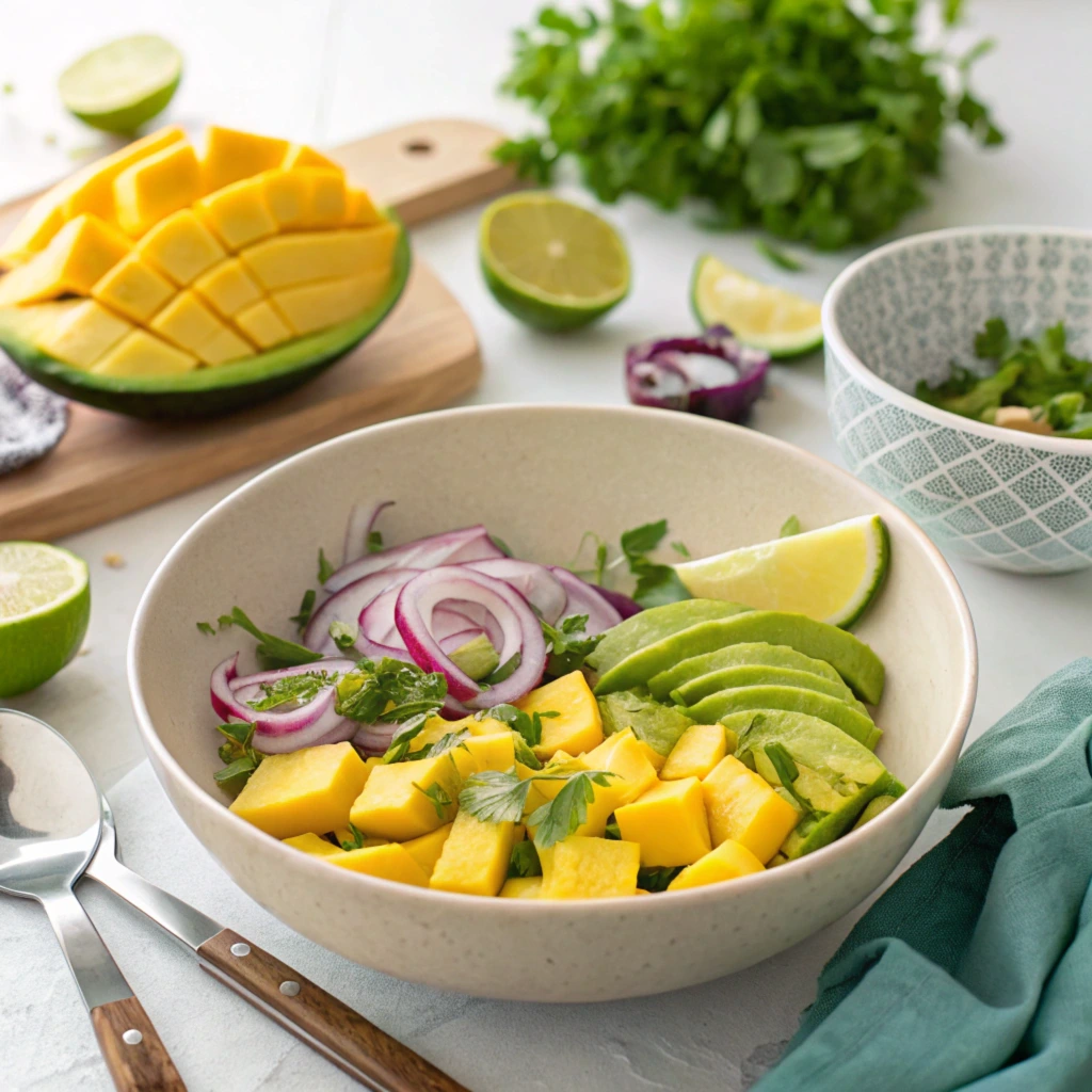 A person cutting a ripe mango on a cutting board with a sharp knife.