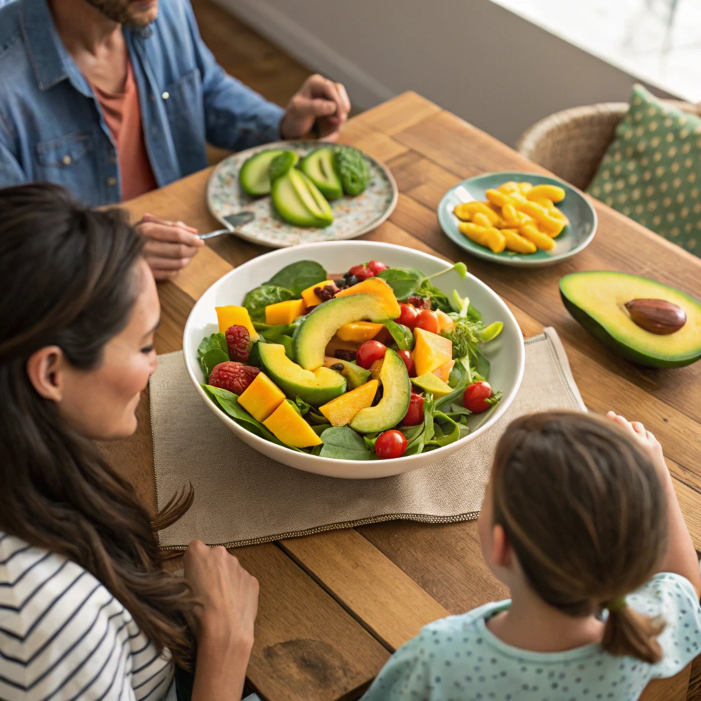 Vibrant mango and avocado salad featuring diced mangoes, creamy avocados, red onion, and fresh cilantro, topped with a zesty lime vinaigrette.