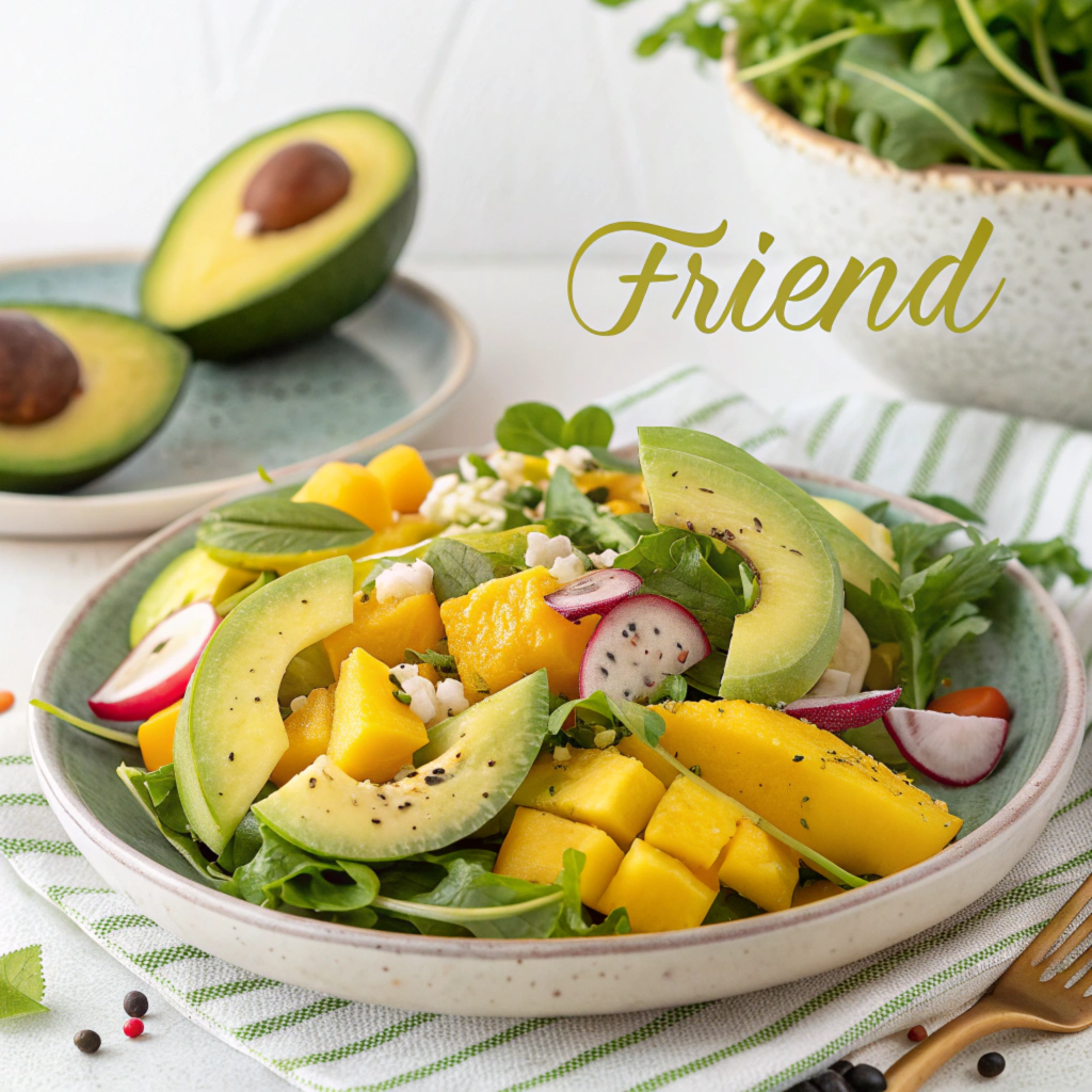 A vibrant mango and avocado salad topped with cilantro and lime.