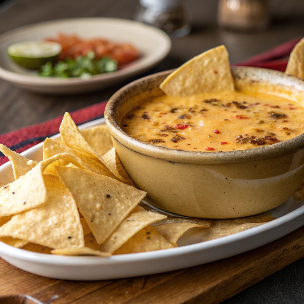 "A bowl of cheesy queso dip with ground beef and red pepper pieces, served alongside crispy tortilla chips on a white plate with a blurred background of garnishes