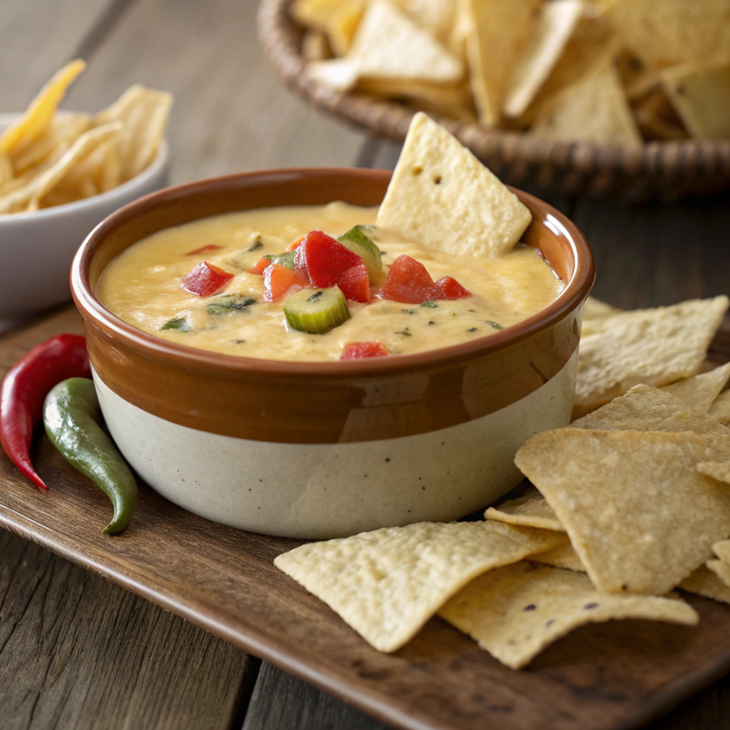 A bowl of homemade queso dip topped with diced tomatoes and fresh herbs, served with tortilla chips on a wooden board