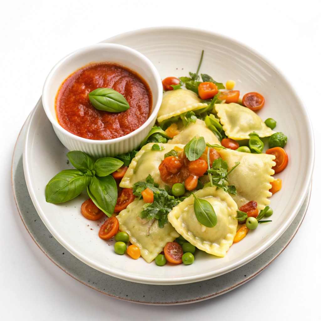 A plate of fresh ravioli served with a medley of vibrant vegetables, including cherry tomatoes, peas, and arugula, garnished with fresh basil leaves. A small bowl of rich red marinara sauce with a basil leaf is placed beside the ravioli on the plate.