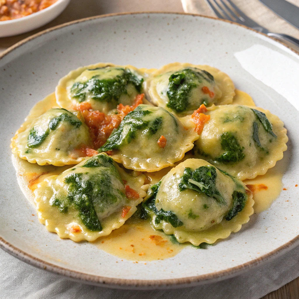 A plate of spinach and ricotta ravioli topped with a light butter and tomato sauce, served on a speckled ceramic plate