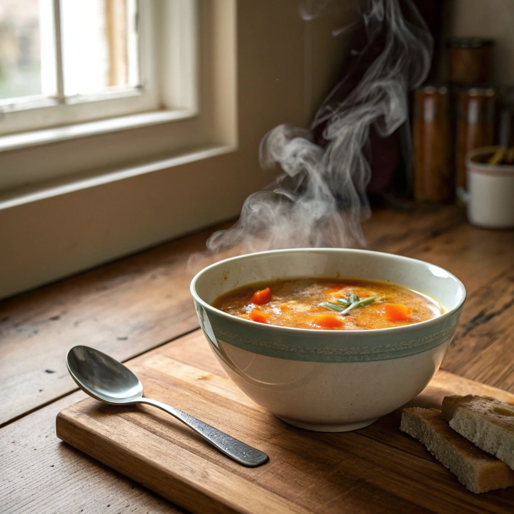 A steaming bowl of chicken noodle soup filled with tender chicken, colorful vegetables, and fresh herbs,