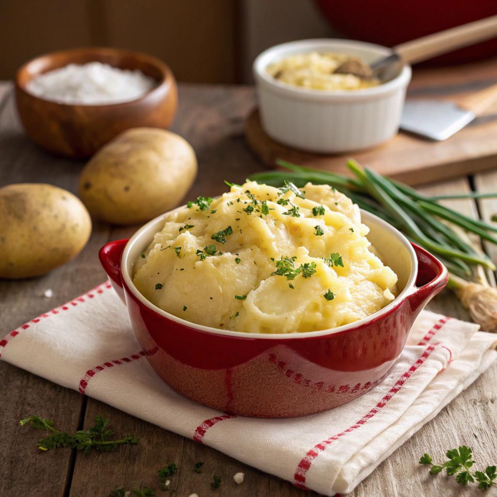 A bowl of creamy mashed potatoes garnished with fresh herbs, served in a red ceramic dish on a wooden table with a white