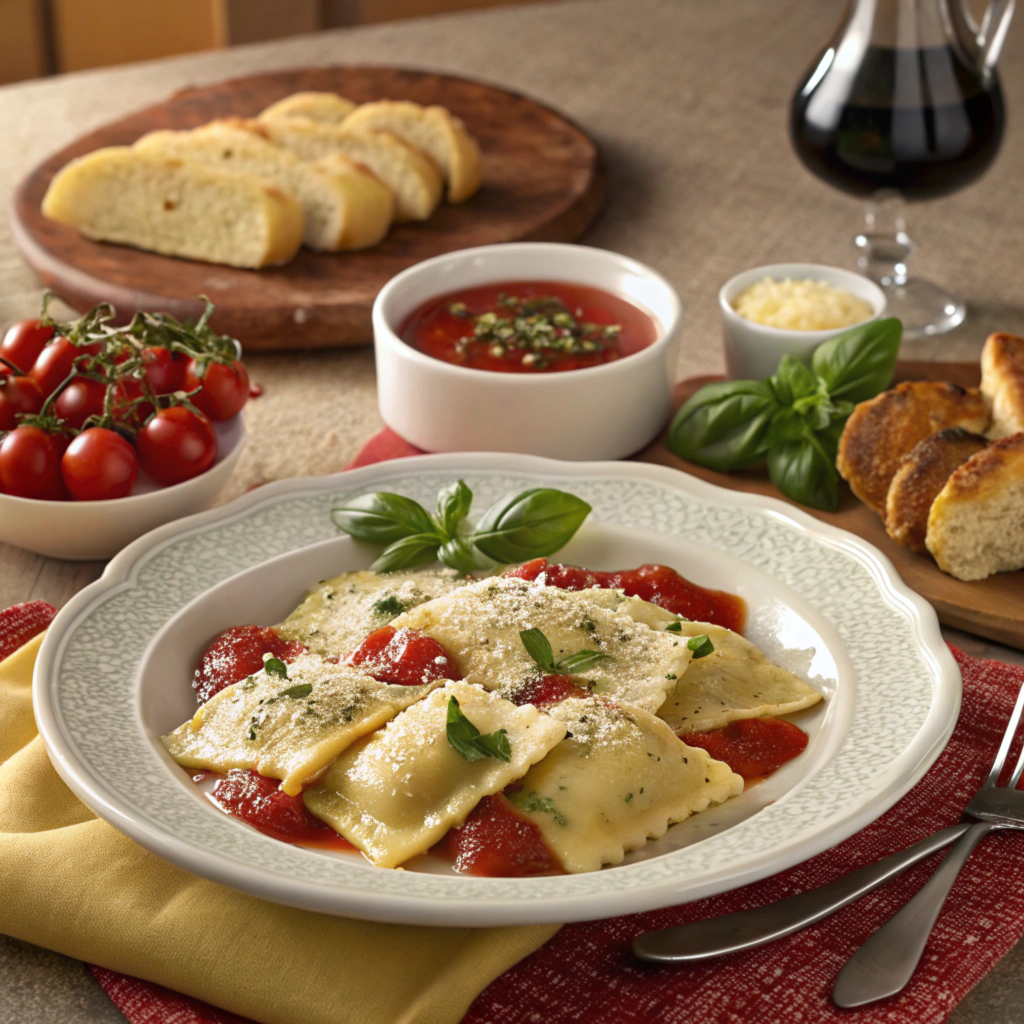 A rustic dining setup featuring a plate of ravioli in marinara sauce, garnished with fresh basil and Parmesan. Surrounding the dish are sliced bread, a bowl of marinara sauce with herbs, fresh cherry tomatoes on the vine, grated Parmesan, and a carafe of balsamic vinegar. Title: Ravioli Dinner with Rustic Italian Accents