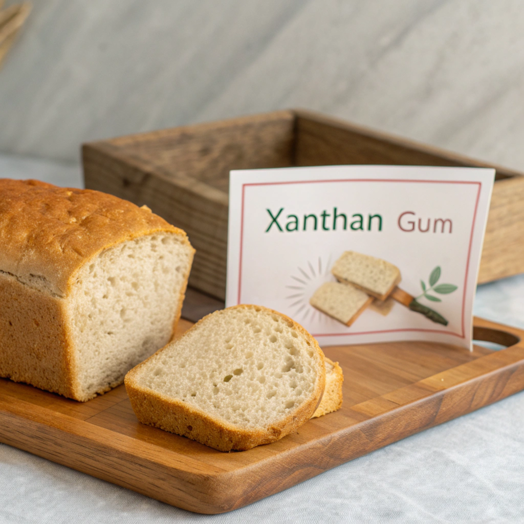 A loaf of bread made with xanthan gum is displayed on a wooden cutting board. Two slices are cut and placed in front of the loaf. A small sign reading