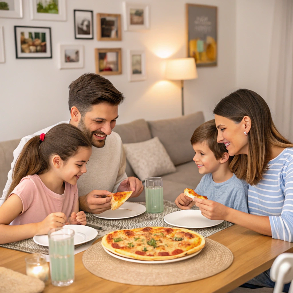 Homemade pizza with fresh toppings, including mozzarella cheese, basil, and pepperoni, baked to perfection on a wooden pizza peel