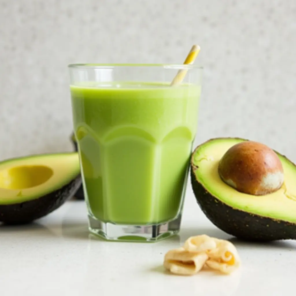 Freshly blended avocado juice in a glass with ice and mint garnish