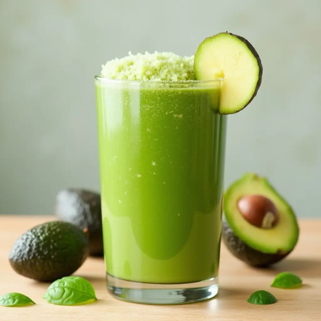 Freshly blended avocado juice in a glass with ice and mint garnish