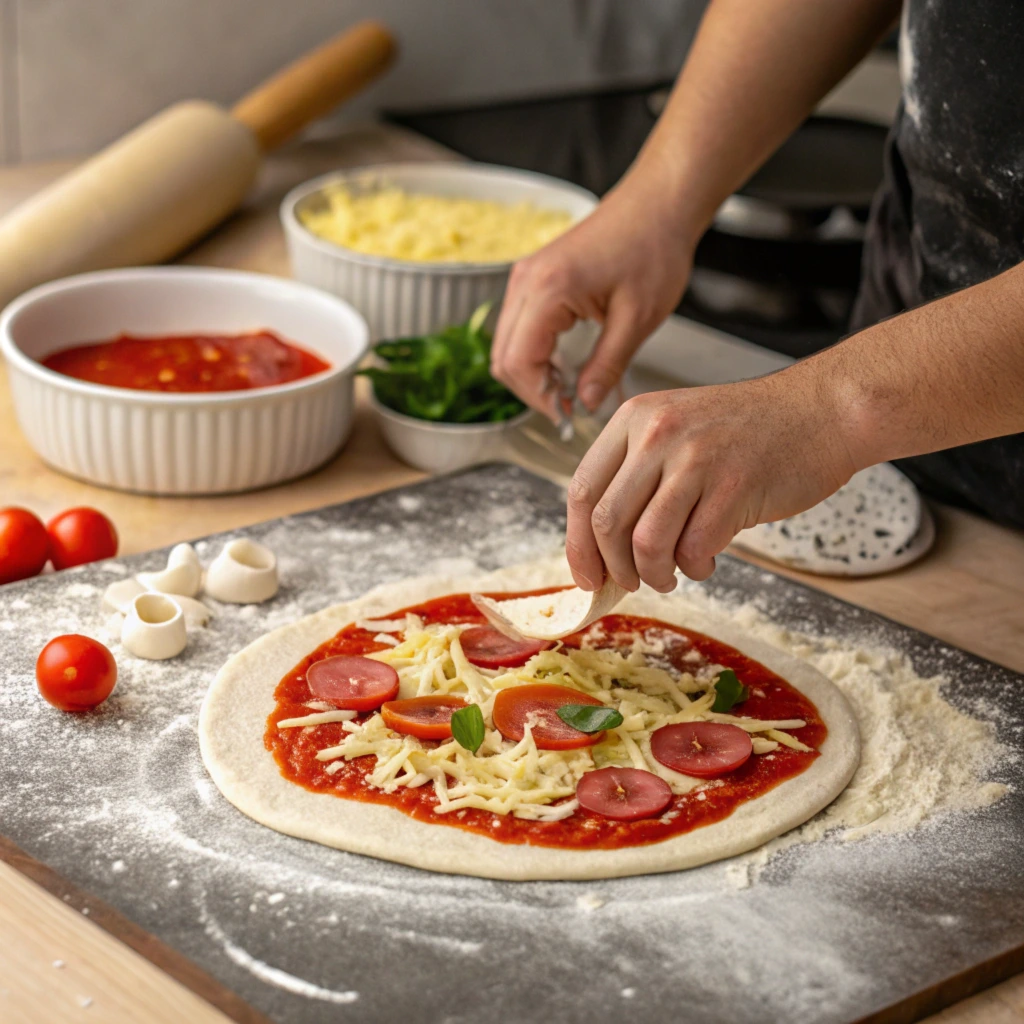 A freshly baked homemade pizza topped with mozzarella cheese, pepperoni, and fresh basil, served on a wooden pizza peel.