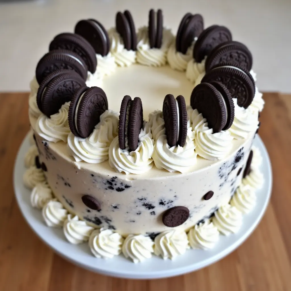 A slice of Oreo ice cream cake topped with whipped cream and crushed Oreos