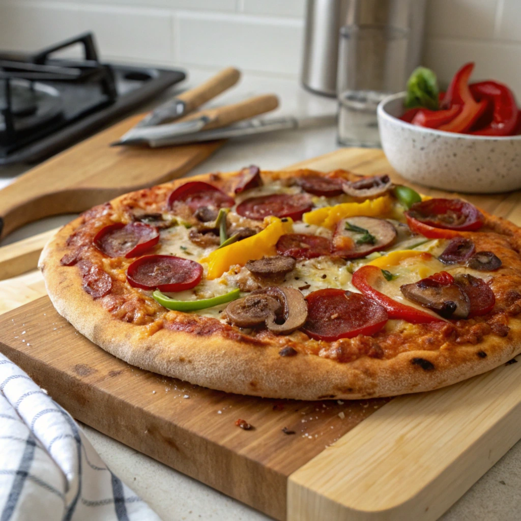 A freshly baked homemade pizza topped with mozzarella cheese, pepperoni, and fresh basil on a wooden cutting board.