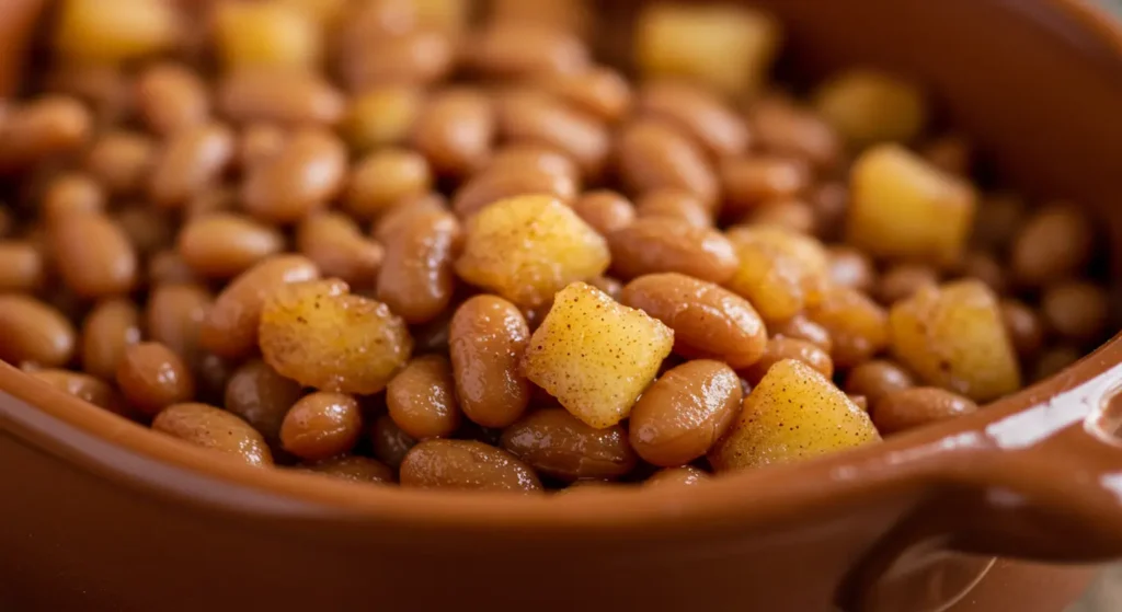 Steaming dish of apple pie baked beans with visible apple chunks and spices